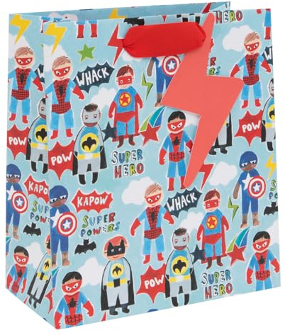 Glick Sac cadeau de luxe de taille moyenne, motif super héros pour garçons, Pop Comic, 200 x 225 x 100 mm, bleu