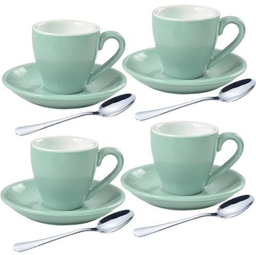 homEdge Juego de 4 tazas de café expreso de porcelana con platillos y cucharas, 80 ml, color verde menta