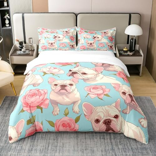 100% Baumwolle Kawaii Hund 220x240 Bettwäsche Set,Bulldogge Mops Floral Bettbezug für Kinder Jungen Mädchen,Rosa Nelken Blumen Blüte Bettdecke Abdeckung,Nette Haustier Tiere Tröster Abdeckung,Blau