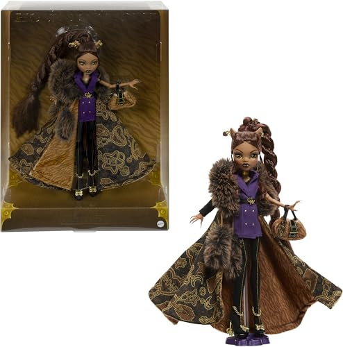 Monster High Doll, Clawdeen Wolf House of Wolf Collectible with Faux Fur Jacquard Coat, Purple Blazer Dress, Pantaboots and Golden Accessories