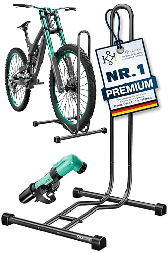 KESSER® Fahrradständer Boden einzeln für Mountainbike, E-Bike, Citybike, Rennrad, MTB | Fahrrad Montageständer | Freistehender Fahrradhalter Ständer Eisen | Reifenbreite bis 65mm | Inkl. Luftpumpe
