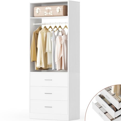Besiost Freestanding 2FT Closet System with 3 Wood Drawers, 24 Closet Organizer System with Hanging Rod & Shelves, Walk-in Closet Systems for Small Closets, White (24L x 15 W x 80 H)