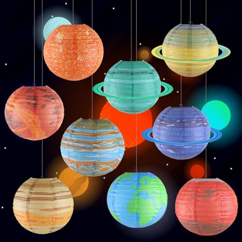 WIYETY - Set di 9 lanterne di carta in forma di corpi celesti: 25 cm, sistema solare, pianeti, lanterne di carta, per feste a tema per bambini, decorazione da appendere