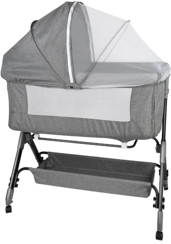 Culla per bambini, culla 3 in 1 per neonati 6 mesi, con 4 piedini autobloccanti , materasso in rete traspirante, facile da montare e pieghevole, capacità 15 kg,104*52*100-110 cm - Grigio lino
