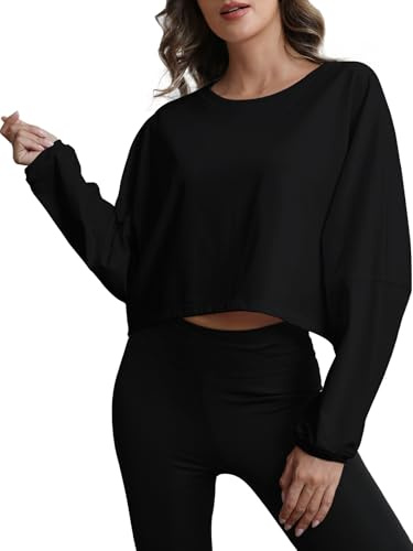 MATEAM Womens Cropped Sweatshirt Loose Fit Workout Tops - Crewneck Pullover Long Sleeve Casual Fashion Sweaters for Yoga Gym Fitness Black XS