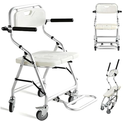 Sedia Doccia Anziani Pieghevole con Ruote, Sedie per Doccia Anziani e Disabili con Braccioli e Schienale, Sedile da Sgabello Bagno Pieghevole per Anziani e Disabili, Carico 120 kg