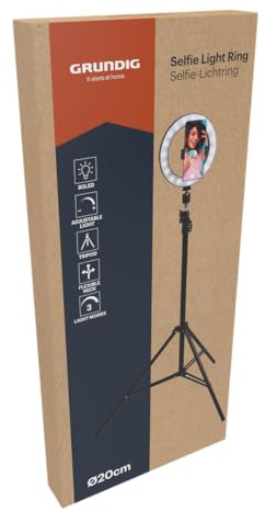 Grundig Selfie ringljus ⌀ 20 cm – justerbart stativ 210 cm – 80 LED mobiltelefonstativhållare med 3 värmenivåer – ring ljus flexibel hals – USB-laddningsbar – svart