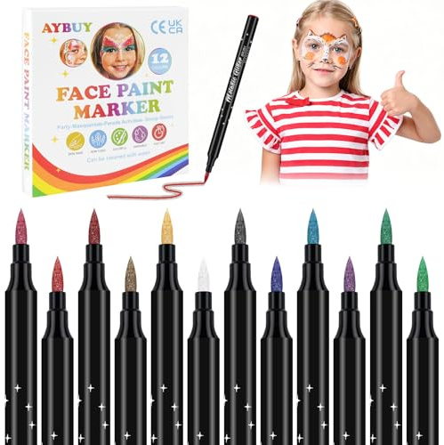 AYBUY 12 Färger Tattoopennor, Tvättbara Glitterpennor, Ansiktsmålning Bodypainting Färger Tatueringspennor Hudvänliga För Barn För Kroppsfärg För Halloween Karneval Smink Fasching