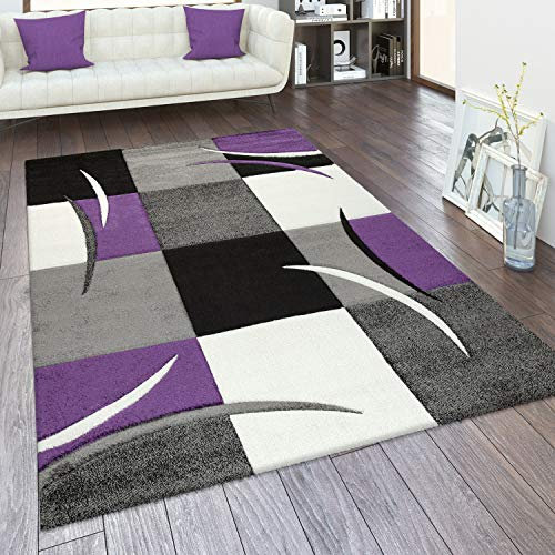 Paco Home Teppich Wohnzimmer Kurzflor Schlafzimmer Modern Geometrisches Muster Kariert Meliert, Grösse:300x400 cm, Farbe:Lila