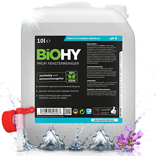 BiOHY Profi Fensterreiniger (10 Liter Kanister) + Auslaufhahn | Glasreiniger Konzentrat | für Fenstersauger geeignet | streifenfreie Reinigung von Glas-, Fenster- & Spiegelflächen