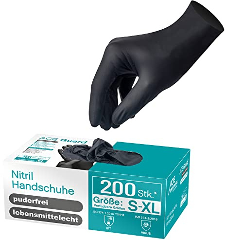 ACE Guard Kemiska handskar - Engångshandskar utan latex - EN 374-1 - svart - 08/M (200 förpackningar)