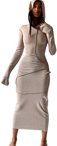 LuFeng Women's Sexy Long Sleeve Bodycon Solid Hoodie Patchwork High Waist Long Dress Coffee