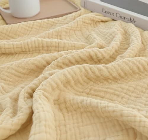 KyraHome 100% ekologisk bomull 60 tum x 80 tum muslin filt för soffa vuxna barn, förtvättad handväxt färgad, andningsbar mjuk, mysig varm lätt gasväv sommarfilt, alla årstider (elfenben/kräm)