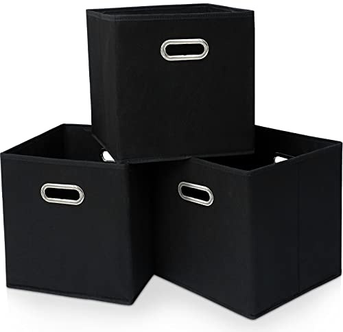 Yunkeeper Black Fabric Cubby Storage Bins，13x13x13 Inches ，Cube Organizer Bin Foldable Storage Boxes with Dual Handles Fabric Organizer Box and collapsible Storage basket，Set of 3 ，Black
