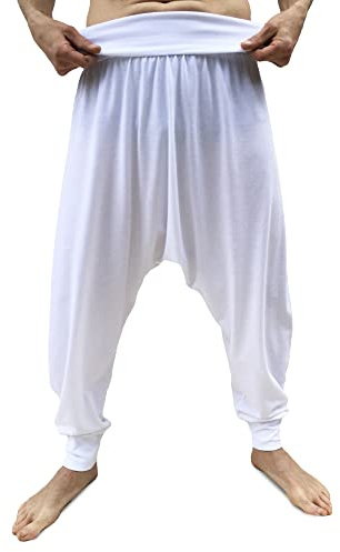 SAVARI | Pantalones Harem | Modelo Relax | Primavera y Otoño | con Bolsillos | Tiro Bajo | Cintura y Piernas Anchas | Pantalón para Casa, Yoga, Pilates y Fitness | Mujer y Hombre | Blanco | Talla S
