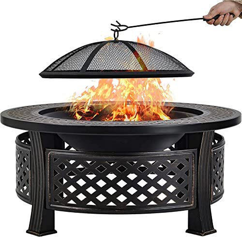 Foyer extérieur, Bol à feu en métal avec Fourchette à Charbon/Grille à Charbon/Couvercle en Maille, Support de Barbecue pour feu de Joie de Camping