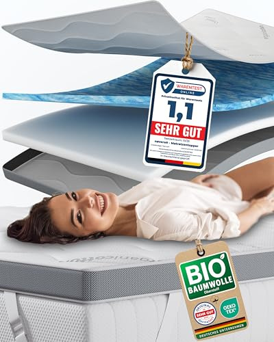 nøvera Premium Gel Topper 140x200cm | H3/H4 | Oberstoff aus 100% Bio-Baumwolle | wolkenweicher 7-Zonen Matratzentopper 140x200cm | Hohes RG 50 | 8cm Matratzen Topper 140x200 | Luxus Matratzenauflage