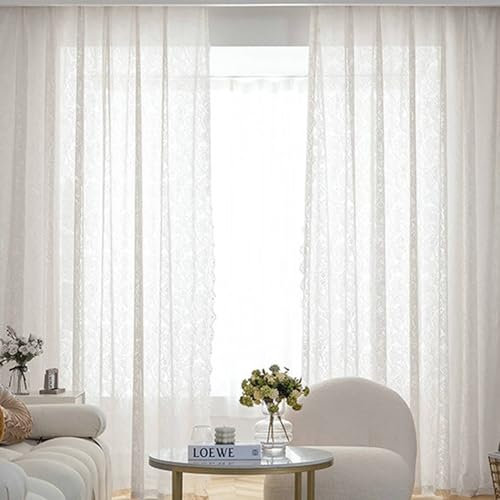 Voile Vorhang Transparent, 137 x 183 cm Weiße gestickte Blumenmuster Spitze Mesh Gardinen mit Ösen für Wohnzimmer/Schlafzimmer