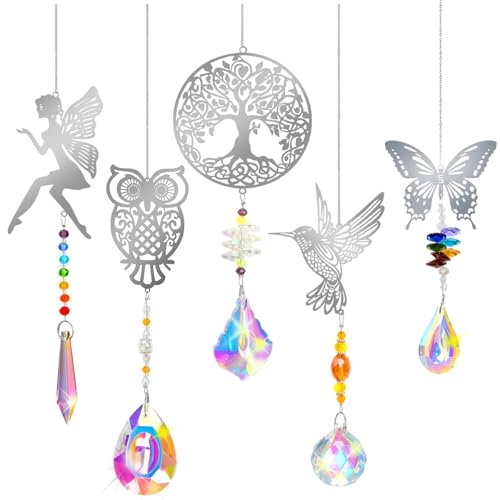 5 pcs Attrape Soleil Cristal Décoration,Arbre Hiboux Colibri Papillon fée Pendentif Attrape-Soleils en Cristal,Pendentif Fenêtre Décor,Sun Catcher,Capteur de Soleil pour Fenêtres Jardin