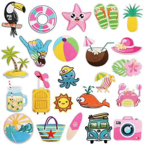 Qpout 23 Stück Sommer Bügel auf Patches für Rucksäcke, süße Vintage Strand Ozean Kokosnuss Thema bestickte Reparatur Dekoraktive Applikationen zum Aufnähen Kleidung, Hemd, Hüte, Jeans