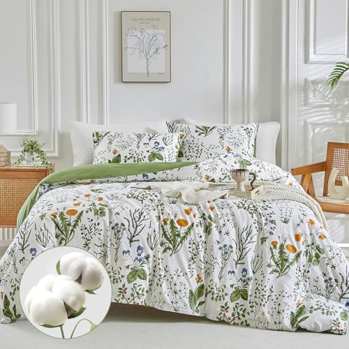 Lekesky 200 Thread Cotton King Size Duvet Cover Sets White Bedding Set, Printed Orange Floral and Plants King Size Duvet Cover with Pillowcases Zip Closure, Duvet Cover 230x220 cm, White/Printed