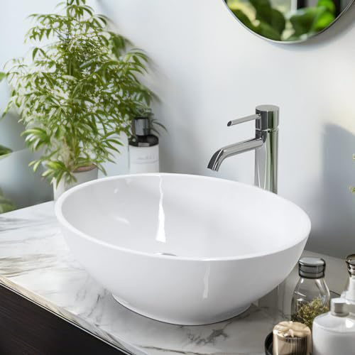 EMKE Lavabo da Appoggio Ovale 340 x 270 x 130 mm, Lavandino a Ciotola in Ceramica Bianco Lucido, Lavello Moderno Salvaspazio per Bagno, Toilette e SPA - Senza Foro Rubinetto e Piletta