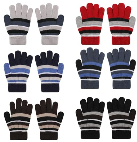 QKURT 6 Pairs Magic Gloves for Kids, Children's Thickened Knitted Gloves Winter Warm Gloves Stripes Design Toddler Soft Gloves for 3-8 Years Boys and Girls