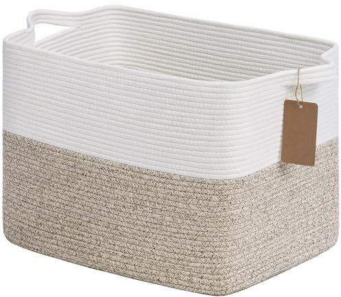 TIMEYARD Woven Storage Basket, 50L Small Laundry Baskets, Blanket hamper Living Room, Rectangle Rope Baskets for Toy with Handles, Brown and White, 46 x 36 x 30 cm