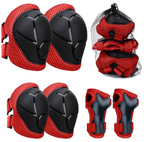LUOJINYI Knieschoner Kinder, 6 in 1 Schoner Inliner Jungen und Mädchen Ellenbogenschützer Set mit Handgelenkschutz für 3-8 Jahre alte Kleinkinder beim Skaten Radfahren und Skateboards (Rot Schwarz)