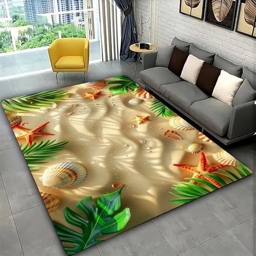 Estilo Marino Alfombra Habitación Sala de Estar, 3D Estrella de Mar Azul Beige, Alfombras para Dormitorio, Estudio y Sala de Juegos, Alfombra de Baño de Franela Antideslizante, 80x120 cm, Color 1