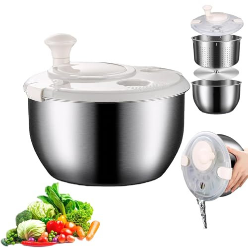 GTHTUHFD Centrifugadora De Ensaladas De Acero Inoxidable, Lavadora De Verduras De Acero Inoxidable con Tapa De Bloqueo Inteligente Y Base Antideslizante, Entrada Y Salida De