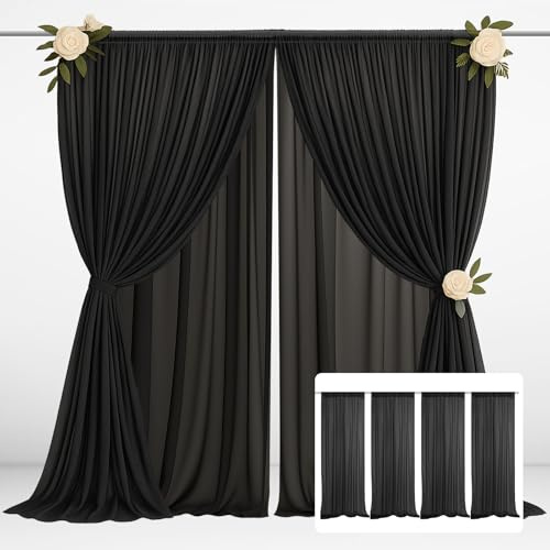 EMART Rideau de Fond Noir 1,5x3m（4 Pcs） Tulle Tissu Mousseline Drape | Tissu Doux et Lisse Rideaux Backdrop, Bébés Douches, Wedding Photographie, Anniversaires, Séances Photo