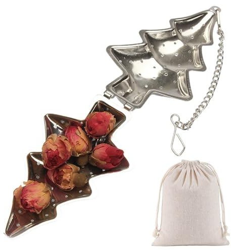 Rieoany 304 Stainless Steel Tea Infuser, Christmas Tree Strainer with Fine Mesh and Chain Hook, Suitable for Loose Tea, Mugs, Teapots and Spices, Comes with Storage Bag