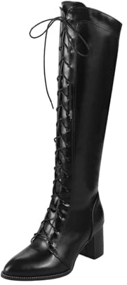 Bottes Hautes Cuir Femme Classiques Botte Equitation pour Femmes Talon Aiguille Bottes à Lacets Confortables Tirer Sur Les Boots D'Hiver Automne Bottines Chaussure mi-Mollet Vintage Women Shoes
