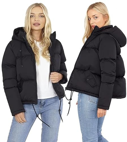 M1427 Short Padded Puffer Jacket, WOMENS LADIES SHORT QUILTED WINTER COAT PUFFER HOODED JACKET PARKA SIZE (UK, Numeric, 8, Regular, Regular, BLACK)