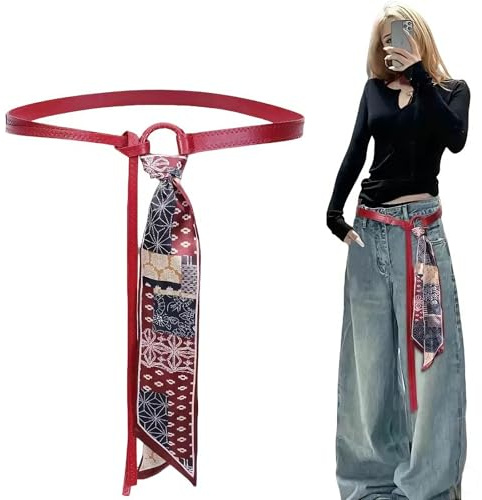 LAOYEFACAI Cinturón para mujer Bufanda de seda y cuero Y2K Hip Hop Punk Vintage Cadena para el vientre para vaqueros, cadena ajustable para la cadera, cinturón ancho para mujer (Red)