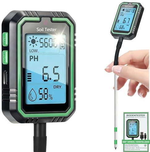 Rhein-B® ph messgerät Erde, Integrierte 500-mAh-Batterie 4-in-1 Digital Plant Wasser&bodenmessgerät with PH Value/Temperatur/Feuchtigkeit/Licht für Gartenarbeit, Farm, Rasen, Landwirtschaft