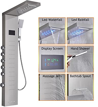 LED Duschpanel Badkar Duschkran Temperatur Digital Display Badkar Kran Kroppsmassagesystem Jets Tower Duschpelarkran(8013 Brushed Nickel)