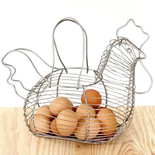 LOLAhome Huevera Gallina Plateada Clásica de Metal - Cesta Organizador Decorativo de 35x27x18 cm para Cocina, con Diseño Original y Material Resistente