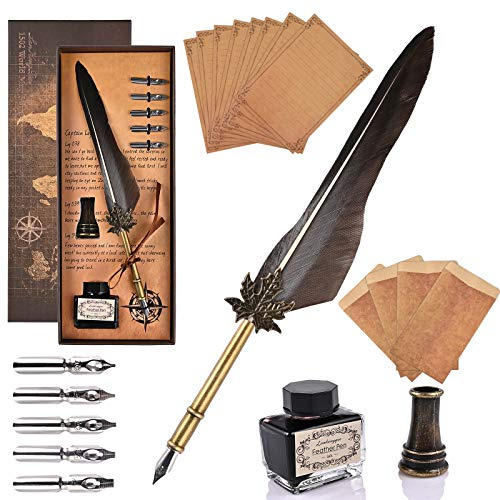 GOLDGE Quill Feather Pen Set - Antique Dip Calligraphy Writing Ink With 5 Replacement Nibs, Holder, 8 Writing Papers and 4 Envelopes