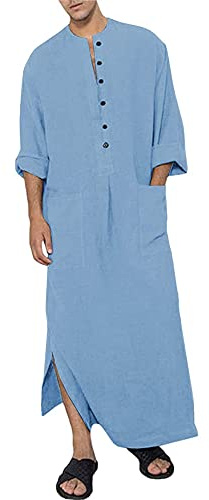 YAOHUOLE Men's Long Sleeve Tunic Robe Side Split Kaftan Long Gown Thobe with Pockets Blue XL