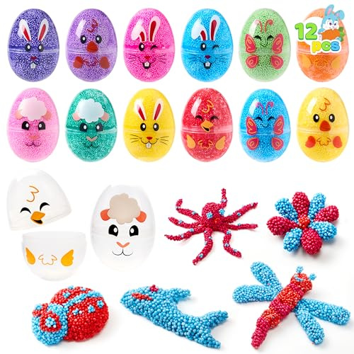 JOYIN 12 Piezas Huevos de Pascua Prellenados con Juguete Antiestrés de Espuma, Lindos Juguetes Antiestrés de Espuma como Relleno para Búsqueda de Huevos de Pascua, Relleno de Cesta, Recuerdo de Fiesta