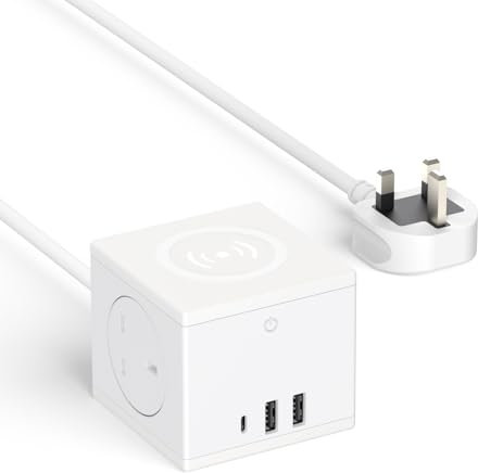 BQO 6 IN 1 Cube Extension Lead with USB Ports, 2 Way Power Strip + 3 USB(5v,3.4A 17w) Slots with Wireless Charger,1.8M White Extension Cube Sockets for Home, Office, Travel,Dorm