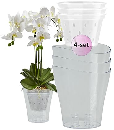 Juego de 4 macetas transparentes para orquídeas Garten lux de 2 L, diámetro 16 cm con juego de 4 macetas para orquídeas con agujeros de drenaje de plástico transparente de 1 L, diámetro 14 cm para uso