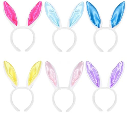 HarnyLoom 6 pièces Oreilles de Lapin Serre-Tête Pâques, Peluche Bandeau Oreille de Lapin Deguisement Enfant Filles Adultes Accessoires Pâques Décoration de Costume Cosplay (Satin)