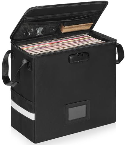 OUUTMEE Fireproof Vinyl Record Storage Box with Lock, Water Resistant Vinyl Album Storage for 12 inch Records Holds up 50+ Single Record, Collapsible LP Record Storage Crate for Album Collection,Small