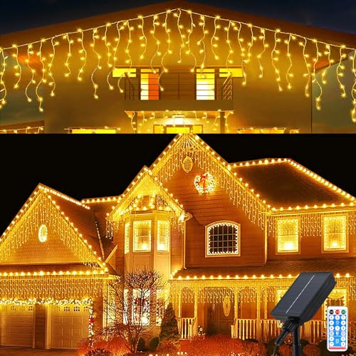 Micacorn Solar Navidad Luces de Carámbano 10M 336LEDs Cadena Luces Cortina de Luz 56Pcs 8 Modos Impermeables Guirnaldas Luminosas con Remote para Casa Jardín Habitación Fiesta Navidad decoración