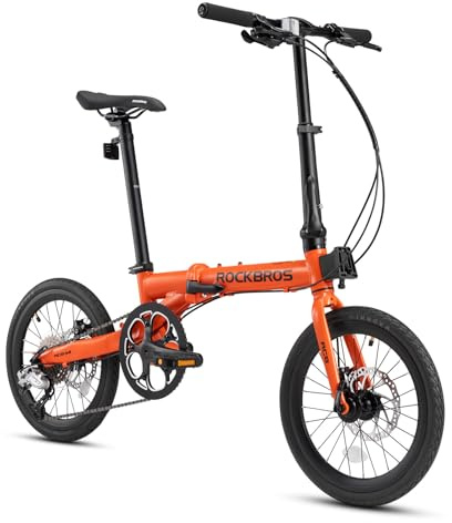 ROCKBROS ACS·16M Bicicleta Plegable de 16 Pulgadas, Cuadro Aluminio, 9 Velocidades, Freno de Disco, Unisex para Hombres y Mujeres, Naranja