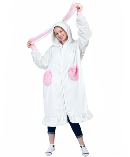Waitu Rabbit Wearable Blanket Hoodie Funny Halloween Costumes Birthday Gifts for Women Men Boys Girls, Rabbit Hooded Blanket Flannel Zipper Hoodie Blanket Cute Gifts for Girlfriend (Adult, White)