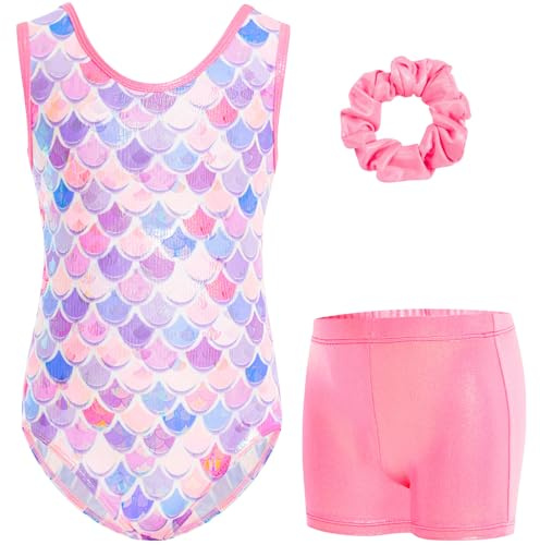 Gogokids Ärmlös gymnastiktröja set för flickor, tre delar med shorts och hårgummi, barngymnastik, outfits med urholkning och korsad design, glitter, balett-onepiece för ålder 3–12, Rosa skala, 130(120